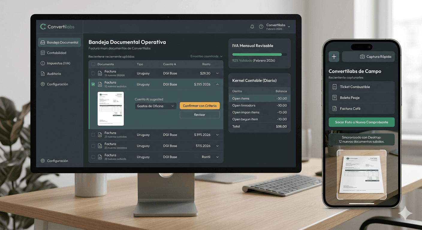 Convertilabs mostrando captura móvil de campo sincronizada con la revisión en desktop